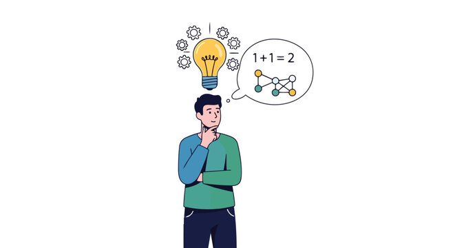 Conceptual illustration of a person contemplating a simple mathematical equation and a connected network, symbolizing problem-solving and idea