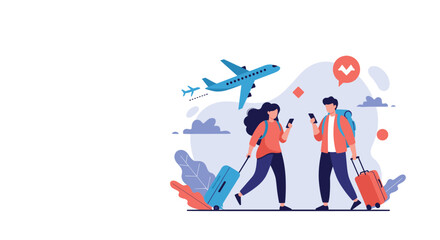 Traveling couple with suitcases checking flight information on their smartphones with an airplane flying in the sky.