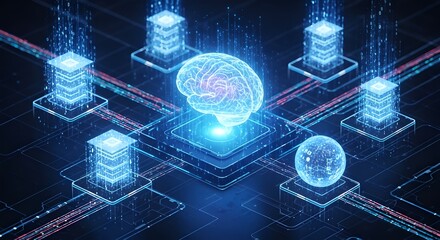 Fototapeta premium Conceptual depiction of an AI brain processing complex data within a sophisticated digital network, representing the future of machine learning and high-tech computing