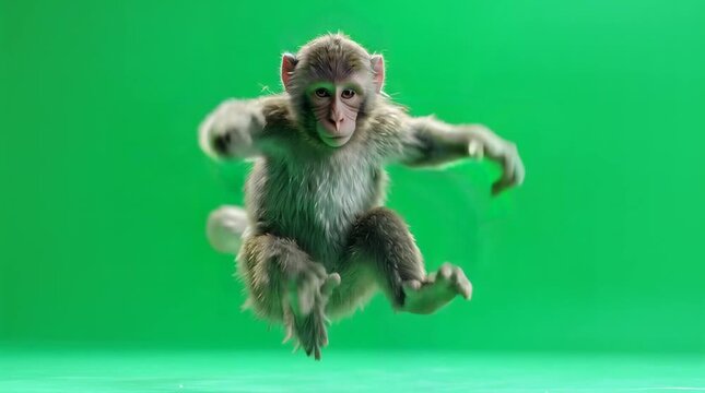 Energetic primate in full flight, captured dynamically leaping with powerful motion against a vibrant green screen background, perfect for compositing into various creative scenes