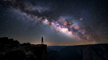 Silhouette of a man standing beneath a vast star filled sky and galaxy, expressing philosophical contemplation, human existence, cosmic perspective and reflection on life and the universe