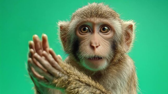 Adorable young monkey posing with hands together, displaying a thoughtful or surprised expression, isolated on a vibrant green studio background, perfect for a cheerful theme