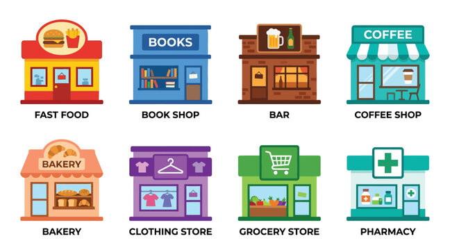 Colorful illustrated storefronts depicting various small businesses and shops