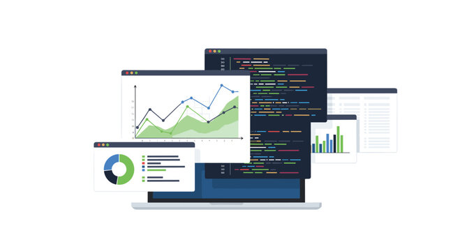 A laptop computer displaying various data visualization windows including line graphs and pie charts alongside blocks of programming code on a white background.