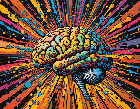 Colorful brain illustration exploding with paint splash energy and abstract rays
