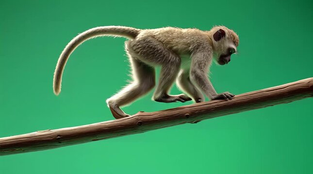 A young monkey gracefully walks along a tree branch against a vibrant green backdrop, capturing its natural agility and curiosity in a serene moment