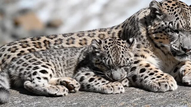 Snow leopard and cub resting together on a rock