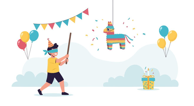 Boy with blindfold hitting pi&ntilde;ata at birthday party with balloons and confetti