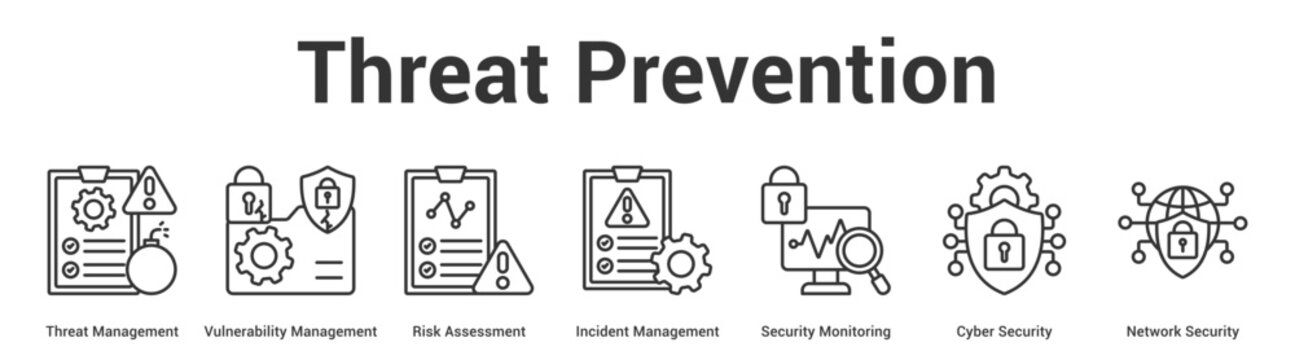 Threat Prevention web banner icon set vector illustration concept for business with icon of Threat Management, Vulnerability Management, Risk Assessment, Incident Management, Security Monitoring, Cy.