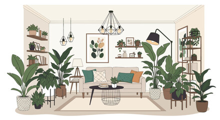 Fototapeta premium Modern living room interior design filled with various lush green indoor plants, stylish furniture, shelving, and minimalist decor.