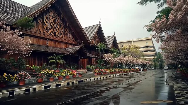 Traditional wooden houses with decorative facade and vibrant flower pots along a wet street.