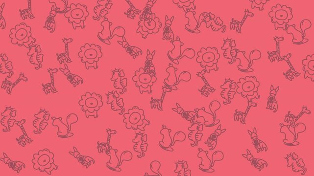 Cute seamless pattern with hand-drawn line art doodles of fox, giraffe, squirrel, and flower on a vibrant pink background. Perfect for children's designs and textiles.