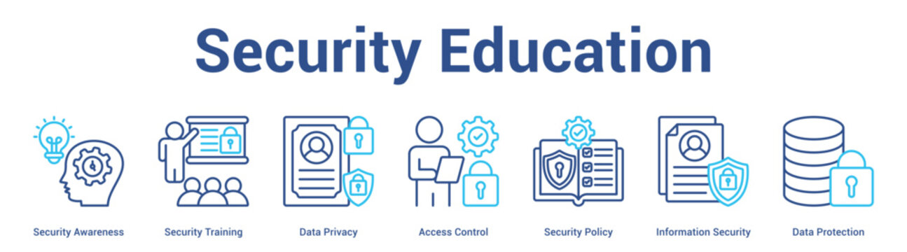 Security Education web banner icon set vector illustration concept for business with icon of Security Awareness, Security Training, Data Privacy, Access Control, Security Policy, Information Securi.