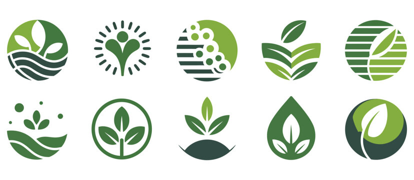agriculture logo design set, agronomy icon collection with plants growing on farm fields, modern farming symbol illustration, minimal eco crop emblem, rural nature graphic element for organic brand, a
