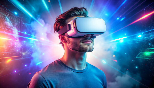 Man wearing virtual reality headset with vibrant glowing lights around