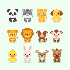 Fototapeta premium Adorable collection of twelve cartoon baby animals in a charming and cute style.