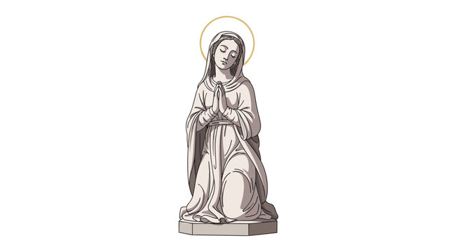 A light gray statue of the Virgin Mary kneeling in a prayerful pose with a gold halo against a white background.