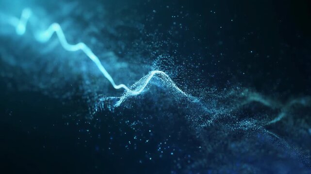 Electricity flows through the dark space with sparks and glowing particles from a distant viewpoint