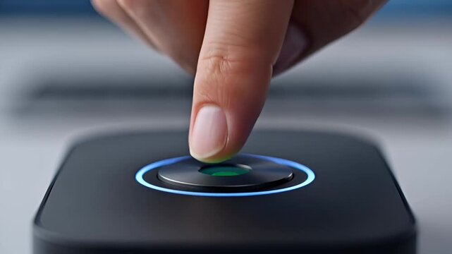 Closeup of a finger pressing a button on a smart home device activating a blue light representing modern technology and connectivity.