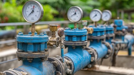 Close-Up View of Industrial Water Pressure Gauges on Pipeline System in Urban Environment with Lush Green Background