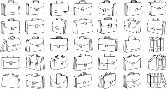 Business Office Work and Education Briefcases, Bags, Folders, and Binders Collection - Hand-drawn Black and White Line Art Vector Set