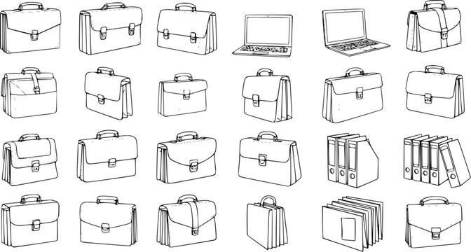 Professional Business and Office Essentials Vector Collection: Set of Black and White Line Art Briefcases, Laptops, and Document Folders for Work and Corporate Concepts.