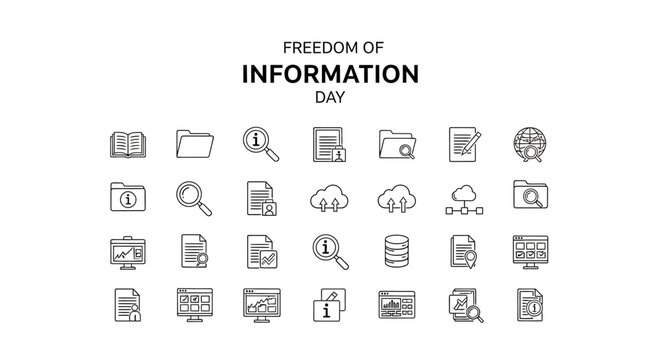 Illustration of Freedom of Information Day design with various icons on a white background, representing public access to information.