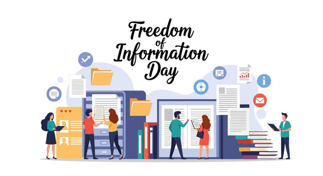 Illustration of people accessing information on Freedom of Information Day with a design concept representing the right to public access and FOIA.
