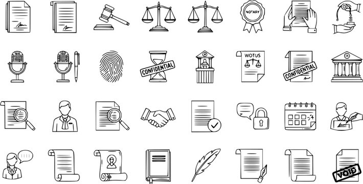 Legal Icons Set - Black and White Line Art Vector Graphics for Justice and Law
