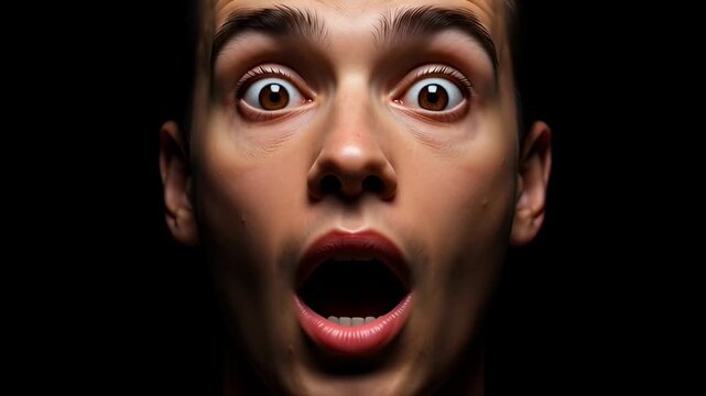 Closeup of a mans face expressing various emotions on a black background.