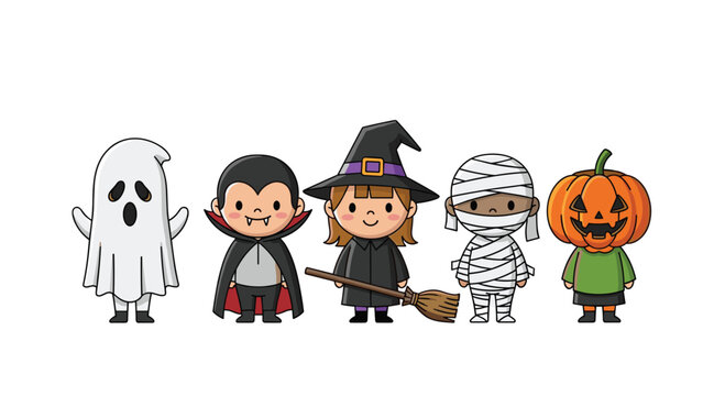 Five cartoon children standing in a row wearing Halloween costumes including a ghost a vampire a witch a mummy and a pumpkin head on white.