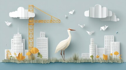 Fototapeta premium Whimsical Paper Art Scene Featuring Crane, Buildings, Clouds and Construction Crane in Bright Pastel Colors