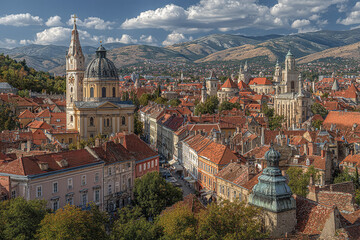 Obraz premium European city panorama with ancient buildings and church dome under cloudy sky and mountain background, showcasing historic architecture and vibrant rooftops in warm sunlight