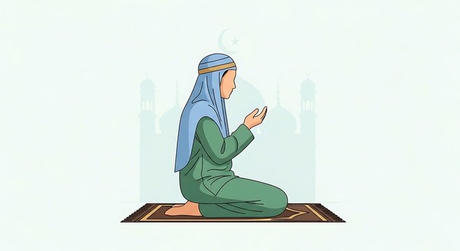 Illustration depicts a figure kneeling in prayer, clad in modest clothing with a head covering, hands raised, against a backdrop