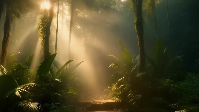 Sunlight filters through the dense forest, illuminating the lush greenery and winding path, creating a serene atmosphere from a low viewpoint.
