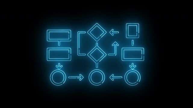 Neon flowchart diagram with glowing blue lines and symbols on a dark background with white space.