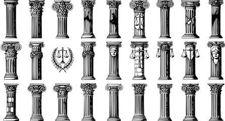 Black and White Line Art of Various Architectural Columns, Pillars, and Scales of Justice Symbol for Law and Architecture © pixsource