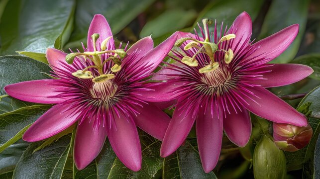 Beautiful Passion Flowers Blooming in a Lush Green Environment with Vibrant Pink Petals and Intricate Details