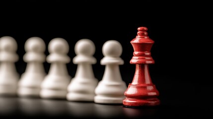 Obraz premium Red king chess piece standing out among white pawn pieces on dark surface creating a strategic competition atmosphere