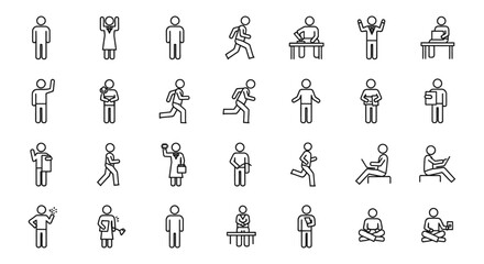 Obraz premium diverse set of minimalist stick figure icons depicting people in various daily actions and professional activities great for uiux and infographics.