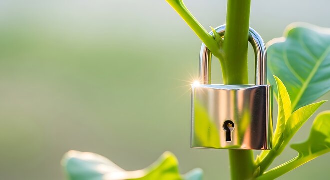 Locked Plant Stem with Padlock and Leaves.