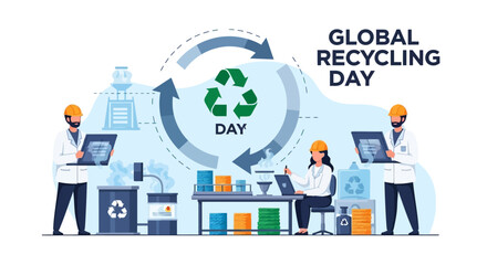Obraz premium Illustration of people working with recycling symbols and waste management on Global Recycling Day with a sustainable environmental concept.