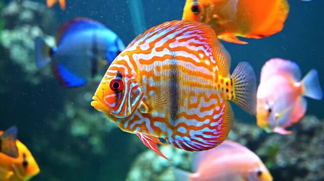 Colorful aquarium fish swimming underwater