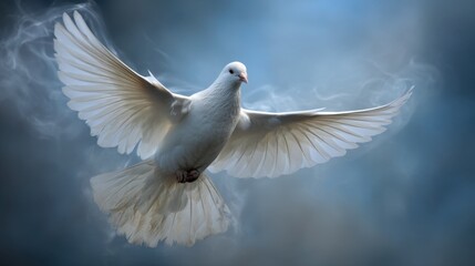 Fototapeta premium Majestic White Dove in Mid-Flight Against a Soft Misty Background with Graceful Wings Spread Wide