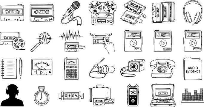 Audio Recording, Sound Forensics, and Investigation Line Art Icons Set. Hand Drawn Black and White Sketch Collection of Vintage and Modern Devices.