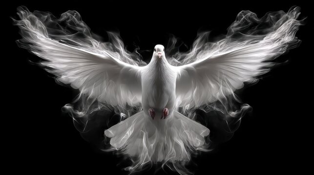 Majestic White Bird with Wings Spread in Ethereal Smoke on Black Background Capturing Freedom and Peaceful Spirit