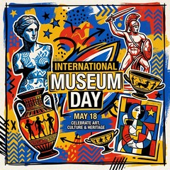 Obraz premium International Museum Day Colorful Artifacts Statue Vase May 18 Poster
