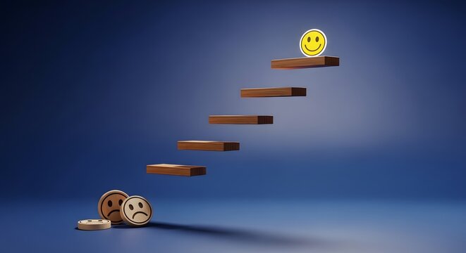 Conceptual image of a happy smiley face climbing wooden steps while sad faces remain at the bottom