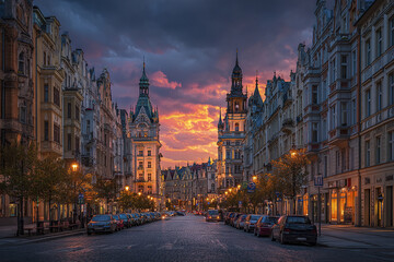 Fototapeta premium Historic European city street with ornate buildings illuminated by warm street lights at sunset, creating dramatic and vibrant atmosphere with parked cars lining cobblestone road