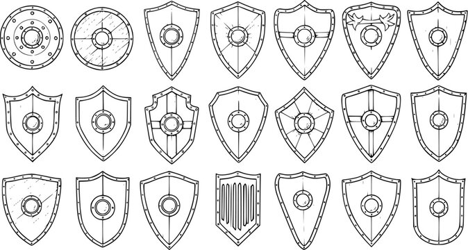 Collection of Hand-Drawn Medieval Shields and Crests in Line Art